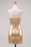 Gold Metallic Bodycon Strapless Keyhole Short Ruched Cocktail Dress