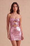 Gold Metallic Bodycon Strapless Keyhole Short Ruched Cocktail Dress