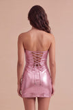 Gold Metallic Bodycon Strapless Keyhole Short Ruched Cocktail Dress