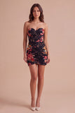 Black Strapless Floral Bodycon Ruched Short Lace Up Cocktail Dress
