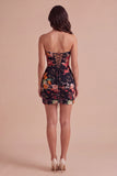 Black Strapless Floral Bodycon Ruched Short Lace Up Cocktail Dress