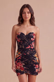 Black Strapless Floral Bodycon Ruched Short Lace Up Cocktail Dress