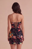 Black Strapless Floral Bodycon Ruched Short Lace Up Cocktail Dress