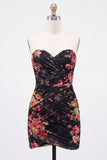 Black Strapless Floral Bodycon Ruched Short Lace Up Cocktail Dress