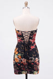 Black Strapless Floral Bodycon Ruched Short Lace Up Cocktail Dress