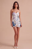 Black Strapless Floral Bodycon Ruched Short Lace Up Cocktail Dress