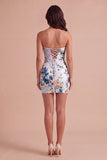 Black Strapless Floral Bodycon Ruched Short Lace Up Cocktail Dress