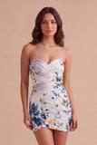 Black Strapless Floral Bodycon Ruched Short Lace Up Cocktail Dress