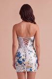 Black Strapless Floral Bodycon Ruched Short Lace Up Cocktail Dress