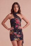 Ivory Floral Bodycon Strapless Short Cocktail Dress with Neck Scarf