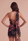 Ivory Floral Bodycon Strapless Short Cocktail Dress with Neck Scarf