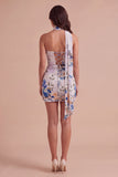 Ivory Floral Bodycon Strapless Short Cocktail Dress with Neck Scarf