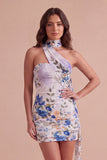 Ivory Floral Bodycon Strapless Short Cocktail Dress with Neck Scarf