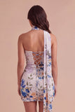 Ivory Floral Bodycon Strapless Short Cocktail Dress with Neck Scarf