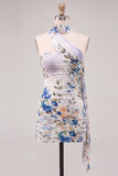 Ivory Floral Bodycon Strapless Short Cocktail Dress with Neck Scarf