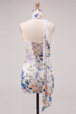 Ivory Floral Bodycon Strapless Short Cocktail Dress with Neck Scarf