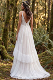 Ivory Polka Dots A-Line Ruffled Sweep Train Boho Wedding Dress