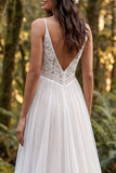 Ivory Polka Dots A-Line Ruffled Sweep Train Boho Wedding Dress