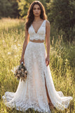 2 Piece Ivory Lace A Line Sweep Train Boho Wedding Dress with Slit
