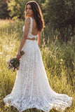 2 Piece Ivory Lace A Line Sweep Train Boho Wedding Dress with Slit