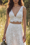 2 Piece Ivory Lace A Line Sweep Train Boho Wedding Dress with Slit