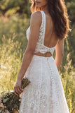 2 Piece Ivory Lace A Line Sweep Train Boho Wedding Dress with Slit