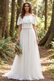 Off the Shoulder Ivory Lace Floral Sweep Train Boho Wedding Dress
