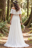 Off the Shoulder Ivory Lace Floral Sweep Train Boho Wedding Dress