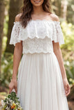 Off the Shoulder Ivory Lace Floral Sweep Train Boho Wedding Dress