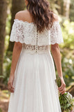 Off the Shoulder Ivory Lace Floral Sweep Train Boho Wedding Dress
