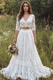 Ivory 2 Piece Lace Sweep Train V Neck Boho Wedding Dress with Sleeves