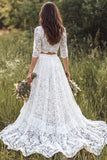 Ivory 2 Piece Lace Sweep Train V Neck Boho Wedding Dress with Sleeves