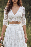 Ivory 2 Piece Lace Sweep Train V Neck Boho Wedding Dress with Sleeves