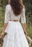Ivory 2 Piece Lace Sweep Train V Neck Boho Wedding Dress with Sleeves