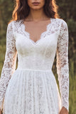 Ivory A-Line Lace Long Sleeves Ruffled Sweep Train Boho Wedding Dress