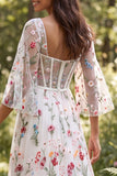 Ivory Corset A Line Floral Sweep Train Boho Wedding Dress with Slit