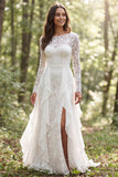 Boat Neck Ivory Lace Ruffled Long Sleeves Sweep Train Boho Wedding Dress with Slit