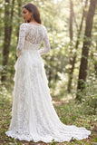 Boat Neck Ivory Lace Ruffled Long Sleeves Sweep Train Boho Wedding Dress with Slit