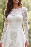 Boat Neck Ivory Lace Ruffled Long Sleeves Sweep Train Boho Wedding Dress with Slit
