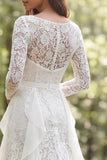Boat Neck Ivory Lace Ruffled Long Sleeves Sweep Train Boho Wedding Dress with Slit