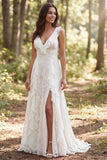 Ivory A Line Ruffled Sweep Train Boho Lace Wedding Dress with Slit