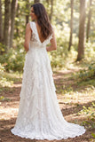 Ivory A Line Ruffled Sweep Train Boho Lace Wedding Dress with Slit