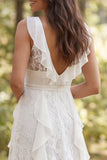 Ivory A Line Ruffled Sweep Train Boho Lace Wedding Dress with Slit