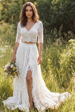 Ivory Two Piece Lace Sweep Train Ruffled Boho Wedding Dress with Sleeves