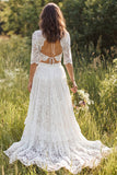 Ivory Two Piece Lace Sweep Train Ruffled Boho Wedding Dress with Sleeves