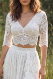 Ivory Two Piece Lace Sweep Train Ruffled Boho Wedding Dress with Sleeves