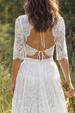 Ivory Two Piece Lace Sweep Train Ruffled Boho Wedding Dress with Sleeves