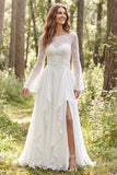 Ivory Illusion Neck A Line Long Sleeves Sweep Train Beach Wedding Dress with Slit
