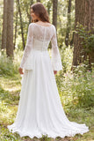 Ivory Illusion Neck A Line Long Sleeves Sweep Train Beach Wedding Dress with Slit