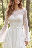 Ivory Illusion Neck A Line Long Sleeves Sweep Train Beach Wedding Dress with Slit